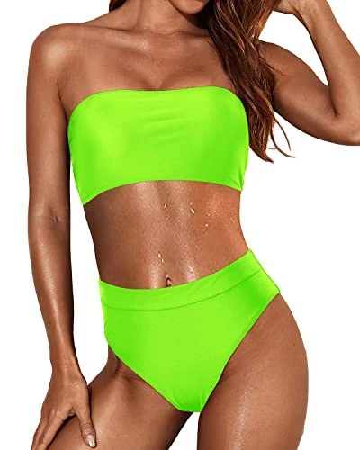 Visual Longer Legs Bikini Set Women Two Piece Bandeau Swimsuit-Neon Green 1 Visual Longer Legs Bikini Set Women Two Piece Bandeau Swimsuit-Neon Green