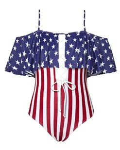 Off Shoulder Lace-Up One Piece Bathing Suit Ruffle Flounce Sexy Swimsuit-Flag -Bikini Beach Shop 41u3pB v5NL