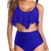 Women's Two Piece Flounce Ruffle Pom Pom Trim Bikini-Royal Blue