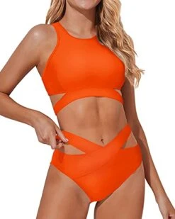 Halter-Style Cutout Swimsuit Two Piece High Neck Bikini Set-Neon Orange -Bikini Beach Shop 41uIlDteWzL 733b3908 fe7b 4010 b444 11847dae4829