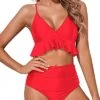 Two Piece Charming Deep V Neck Tummy Control Bikini Set-Neon Red