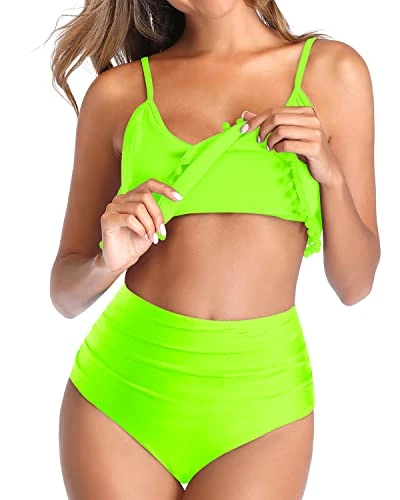 High Waisted Bikini Great Tummy Control Ruffle Swimsuit For Women-Neon Green 4 High Waisted Bikini Great Tummy Control Ruffle Swimsuit For Women-Neon Green - Image 4