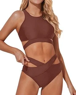 Stylish Padded Push-Up Bra Two Piece High Neck Bikini Set-Brown -Bikini Beach Shop 41uXEbVFt1L