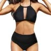Striped Halter High Waisted Bikini Keyhole Bathing Suits-Black