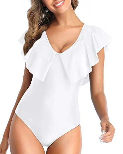 Cute Tummy Control Flounce Sleeve V Neck One Piece Swimsuit-White 1 Cute Tummy Control Flounce Sleeve V Neck One Piece Swimsuit-White