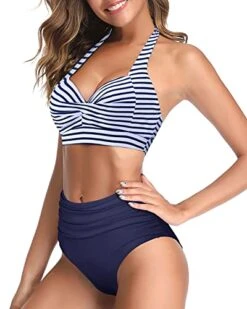 Two Piece Halter Ruched Highwaist Bikini Bathing Suit-Blue White Stripe -Bikini Beach Shop 41ukCHQyGrL 971faf31 7685 476d b12c fc6b081e3746