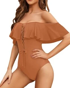 Slimming Longer Torso One Piece Lace Up Ruffled Swimsuit For Women-Brown -Bikini Beach Shop 41umU z47TL
