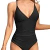 Bathing Suits Tummy Control V Neck One Piece Swimsuits-Black