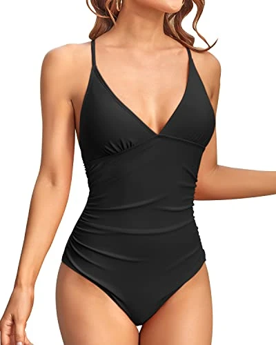 Bathing Suits Tummy Control V Neck One Piece Swimsuits-Black 1 Bathing Suits Tummy Control V Neck One Piece Swimsuits-Black