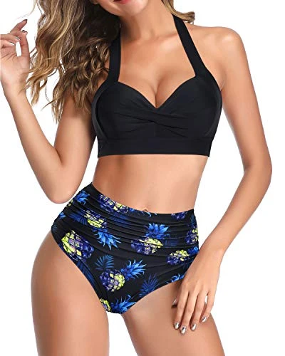 Two Piece High Waist Bikini Women's Bikini Swimsuits-Black Pineapple 2 Two Piece High Waist Bikini Women's Bikini Swimsuits-Black Pineapple - Image 2