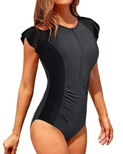 Women's Short Sleeve Zip Front One Piece Surfing Rash Guard-Grey And Black -Bikini Beach Shop 41v0jC8egAL