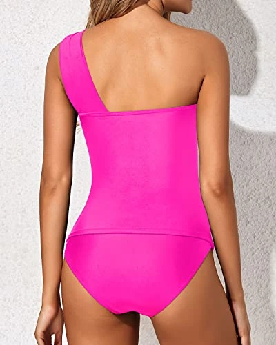 Elegant Shorts Swimsuit Ruched One Shoulder Tankini-Neon Pink 3 Elegant Shorts Swimsuit Ruched One Shoulder Tankini-Neon Pink - Image 3