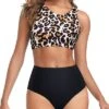 Women's Sporty Swimsuits High Waisted Bottom-Black And Leopard