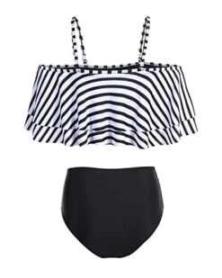 Fashionable High Waisted Ruffle Bikini Set For Beach-Black And White Stripe 7 Fashionable High Waisted Ruffle Bikini Set For Beach-Black And White Stripe -Bikini Beach Shop 41velWQUf6L