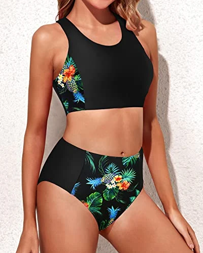 Trendy High Waisted Two Piece Bikini Set For Teen Girls-Black Pineapple 2 Trendy High Waisted Two Piece Bikini Set For Teen Girls-Black Pineapple - Image 2