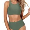 High Neck Sporty Bikini Set Removable Padded Bra-Army Green