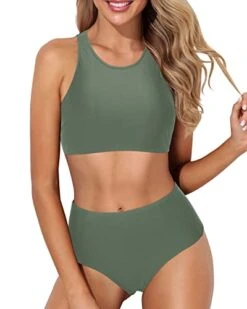 High Neck Sporty Bikini Set Removable Padded Bra-Army Green