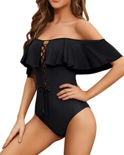 Lace-Up Front Off Shoulder Ruffle One Piece Swimsuit For Women-Black -Bikini Beach Shop 41vxayFcysL