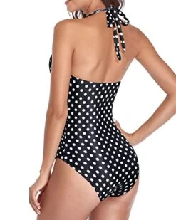 Elegant Open Back Swimsuits Black Halter Bathing Suits-Black Dot -Bikini Beach Shop 41w Tb3GwPL
