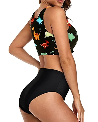 Tummy Control Swimsuits Sporty Two Piece Swimsuits-Black Dinosaur 4 Tummy Control Swimsuits Sporty Two Piece Swimsuits-Black Dinosaur - Image 4