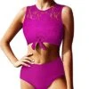 Lace High Neck Women's 2 Piece Bikini Set Tummy Control Bottoms-Hot Pink