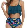 Retro High Waisted Ruffle Ruched Women's 2 Piece Bikini Set-Blue Green Dinosaur