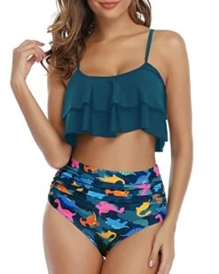 Retro High Waisted Ruffle Ruched Women's 2 Piece Bikini Set-Blue Green Dinosaur