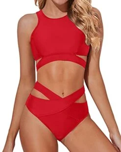 Sexy Zipper Racerback Bandage Two Piece Bathing Suits-Red