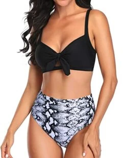 Trendy Removeable Padded Push Up Women High Waisted Bikini Set-Black And White Snake Print