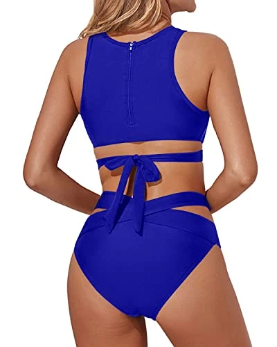 Chic Criss Cross Bandage Bathing Suit Two Piece High Neck Bikini Set-Royal Blue 2 Chic Criss Cross Bandage Bathing Suit Two Piece High Neck Bikini Set-Royal Blue - Image 2
