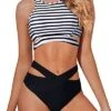 Cutout High Neck Criss Cross Bandage Two Piece Bikini Set For Women-Black And White Stripe