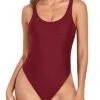 Women Girls Teens Juniors Retro 80S High Cut One Piece Swimsuit-Maroon