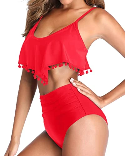 Full Coverage Tummy Control Two Piece Bikini Swimsuit-Neon Red 3 Full Coverage Tummy Control Two Piece Bikini Swimsuit-Neon Red - Image 3