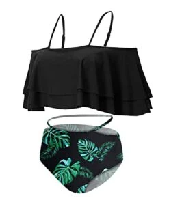 Adjustable Strap Ruffle Bikini Set For Women Tummy Control Bottoms-Black Leaf -Bikini Beach Shop 41xFH2JcU2L