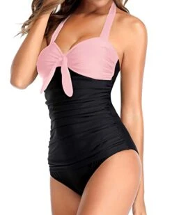 Stylish Bowknot Ruched Slimming One Piece Swim Suit-Pink And Black -Bikini Beach Shop 41xMU3iPFQL
