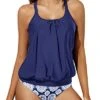 Stylish Criss Cross Back Blouson Two Piece Tankini-Navy Blue Tribal