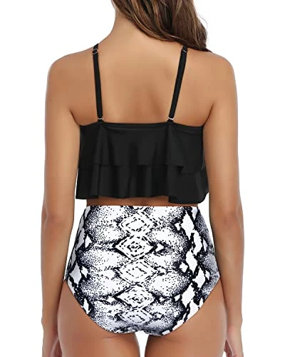 Boho-Chic Ruffle Bikini Set Removable Padded Cups-Black And White Snake Print 4 Boho-Chic Ruffle Bikini Set Removable Padded Cups-Black And White Snake Print - Image 4