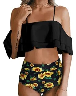 New Release 3 Elegant Off Shoulder Bikini Set For Women Tummy Control Bottoms-Black Sunflower
