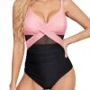 Ruched Cutout One Piece Swimsuit Mesh Detailing For Women-Pink And Black