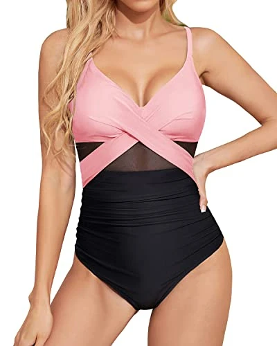 Ruched Cutout One Piece Swimsuit Mesh Detailing For Women-Pink And Black 1 Ruched Cutout One Piece Swimsuit Mesh Detailing For Women-Pink And Black