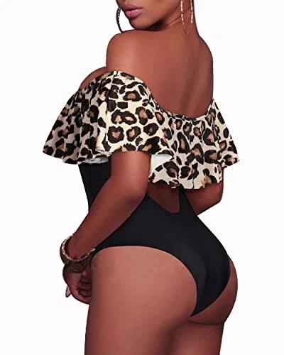Trendy Strapless Off The Shoulder One Piece Swimsuit For Teens-Black And Leopard 2 Trendy Strapless Off The Shoulder One Piece Swimsuit For Teens-Black And Leopard - Image 2