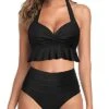 Adjustable Halter Neck Two Piece Swimsuits-Black