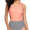 Tropical Printed Pattern Tummy Control Cutout Monokini-Coral Pink Stripe