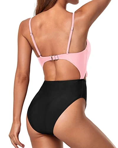 Cutout Spaghetti Strap Swimsuits Sexy Monokini-Pink And Black 2 Cutout Spaghetti Strap Swimsuits Sexy Monokini-Pink And Black - Image 2