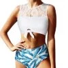 High Neck Lace Women's 2 Piece Bikini Set Tummy Control Bottoms-White Leaf