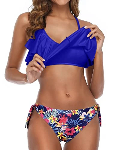 High Cut Side Tie Bottom Two Piece Flounce Bikini-Royal Blue Floral 4 High Cut Side Tie Bottom Two Piece Flounce Bikini-Royal Blue Floral - Image 4