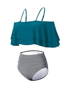 Stunning High Waisted Ruffle Bikini Set Tummy Control-Green Striped -Bikini Beach Shop 41yT2g xwEL