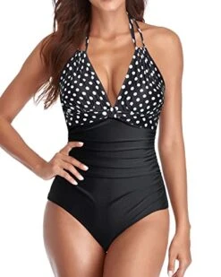 Fashionable Keyhole High Neck Tummy Control Swimsuits-Black Dot
