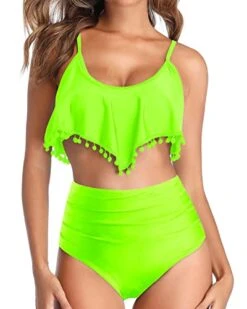 High Waisted Bikini Great Tummy Control Ruffle Swimsuit For Women-Neon Green