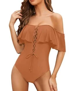 Slimming Longer Torso One Piece Lace Up Ruffled Swimsuit For Women-Brown -Bikini Beach Shop 41zAEPQmvEL